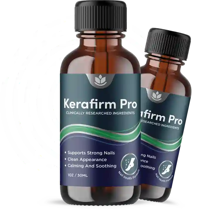 Kerafirm Pro Botanical Nail Restoration Formula &mdash; two dark amber glass precision brush applicator bottles with dark teal label, clinically researched ingredients, supports strong nails, clean appearance and calming and soothing, 1 oz 30ml